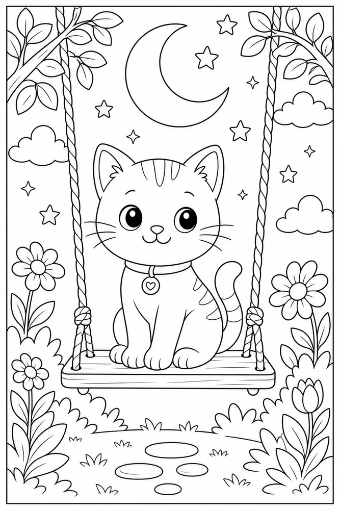Night Cat Crescent Swing printable coloring page for kids