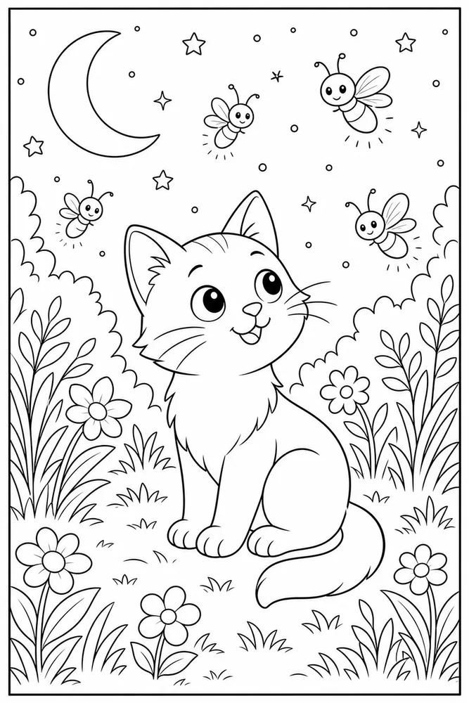 Night Cat Firefly Garden printable coloring page for kids
