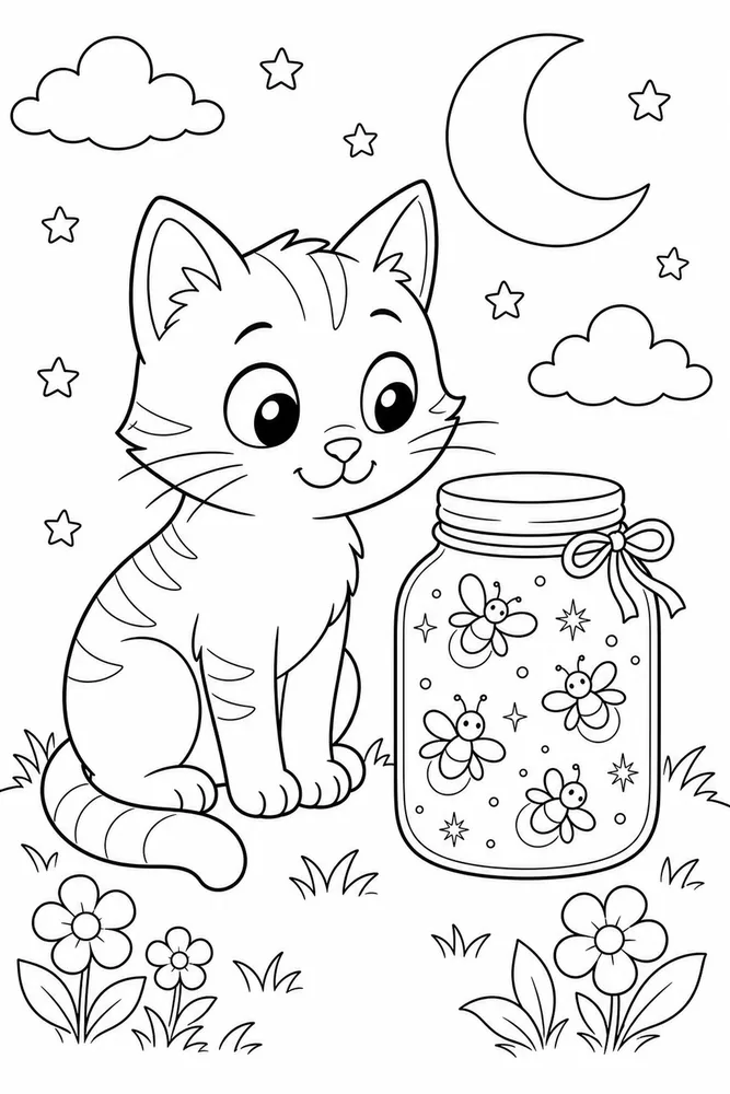 Night Cat Firefly Jar printable coloring page for kids
