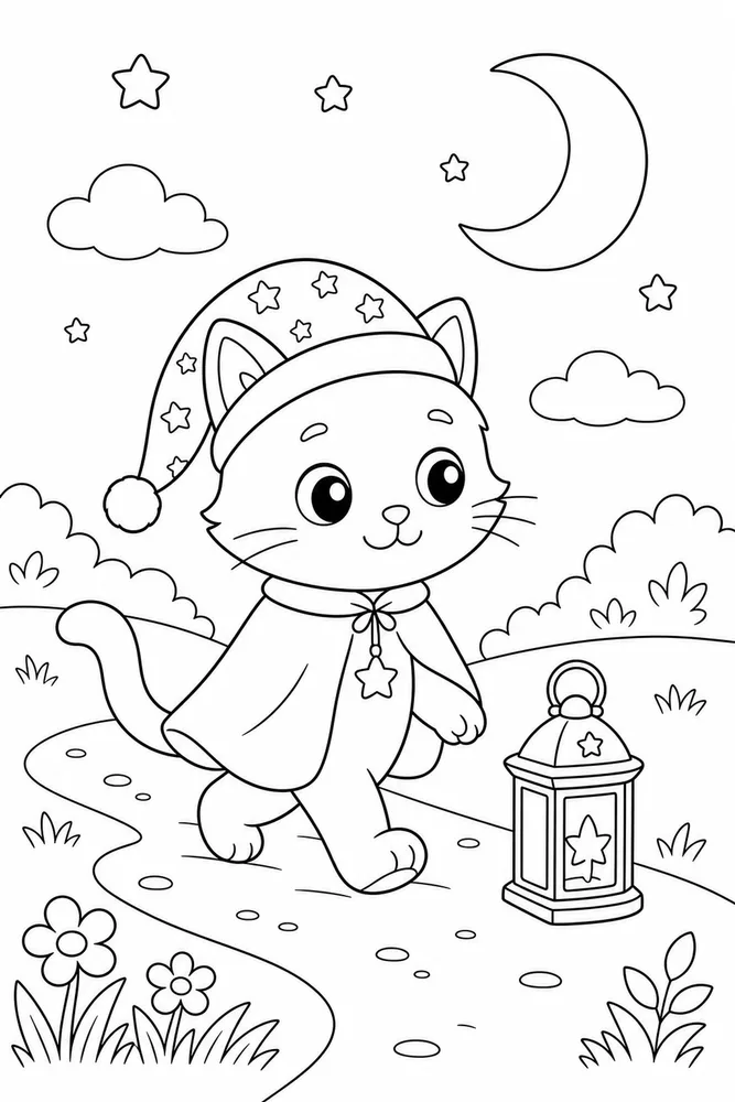 Night Cat Glow Lantern printable coloring page for kids