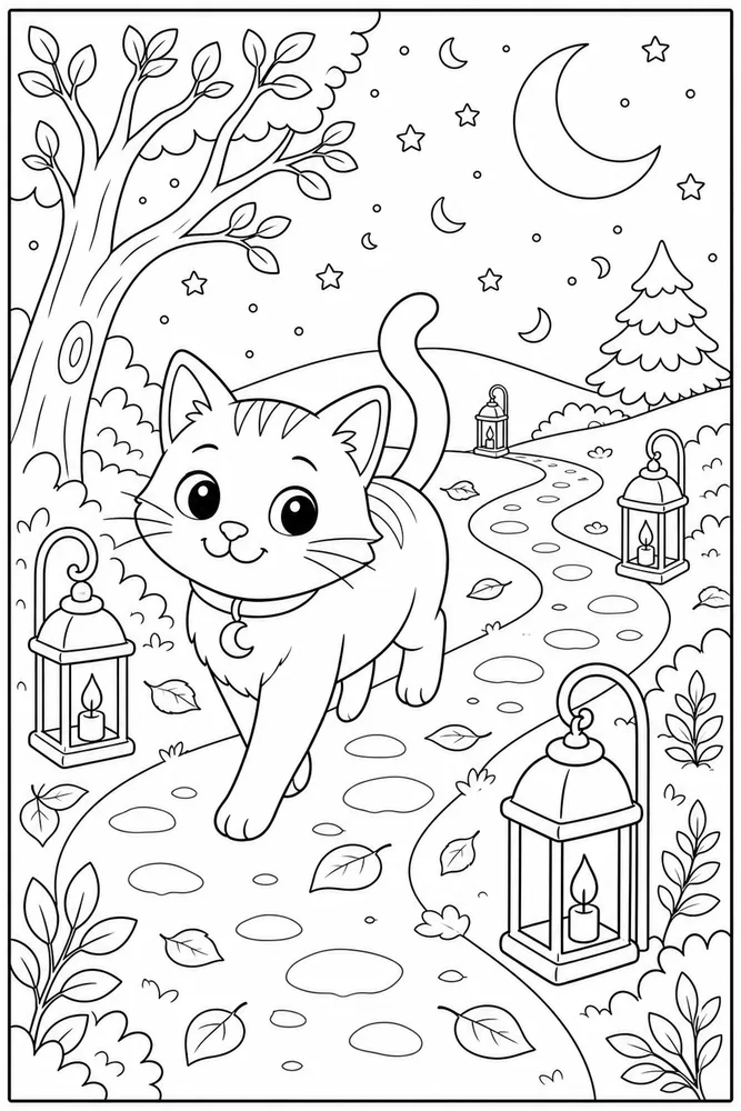 Night Cat Lantern Path printable coloring page for kids