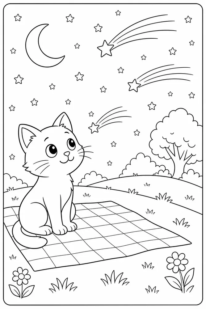 Night Cat Meteor Shower printable coloring page for kids
