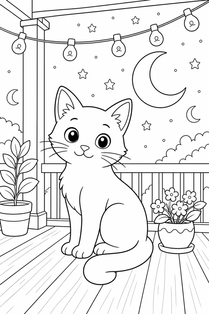Night Cat Midnight Porch printable coloring page for kids