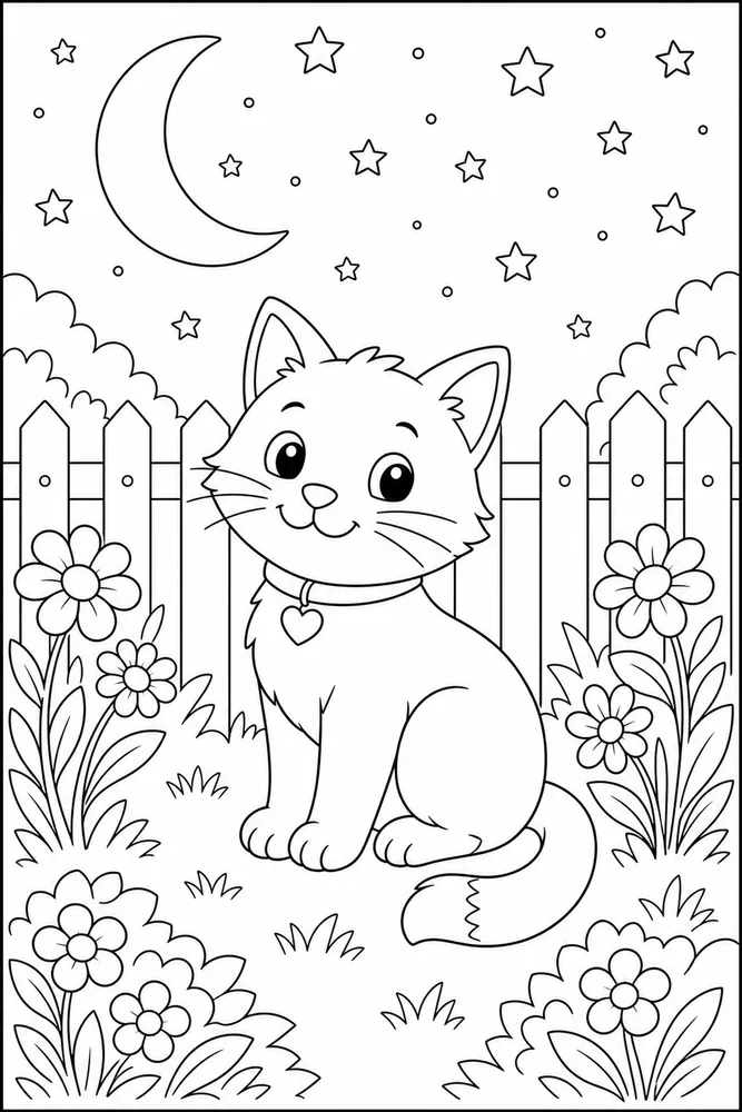 Night Cat Coloring Pages preview: Night Cat Moon Fence printable coloring page for kids