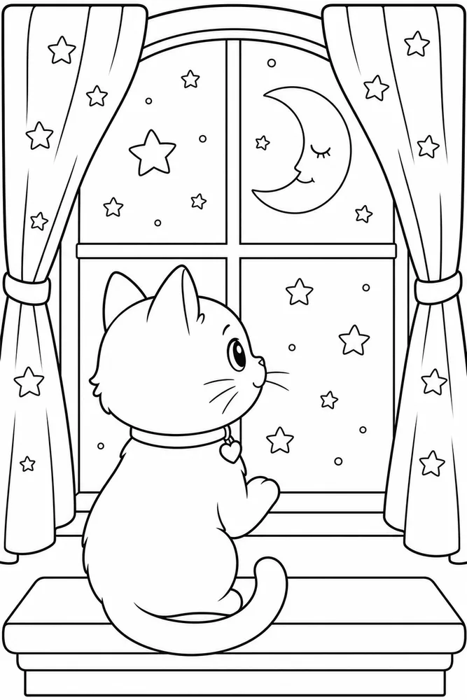 Night Cat Moon Window printable coloring page for kids