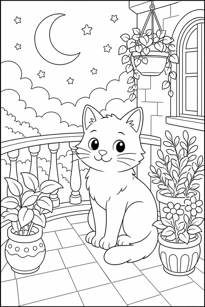 Night Cat Moonlit Balcony printable coloring page for kids