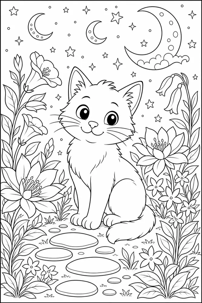 Night Cat Night Garden printable coloring page for kids