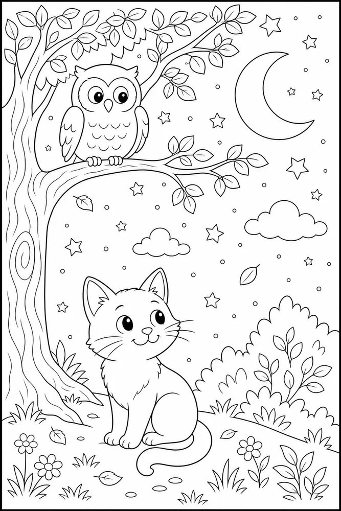 Night Cat Owl Tree printable coloring page for kids