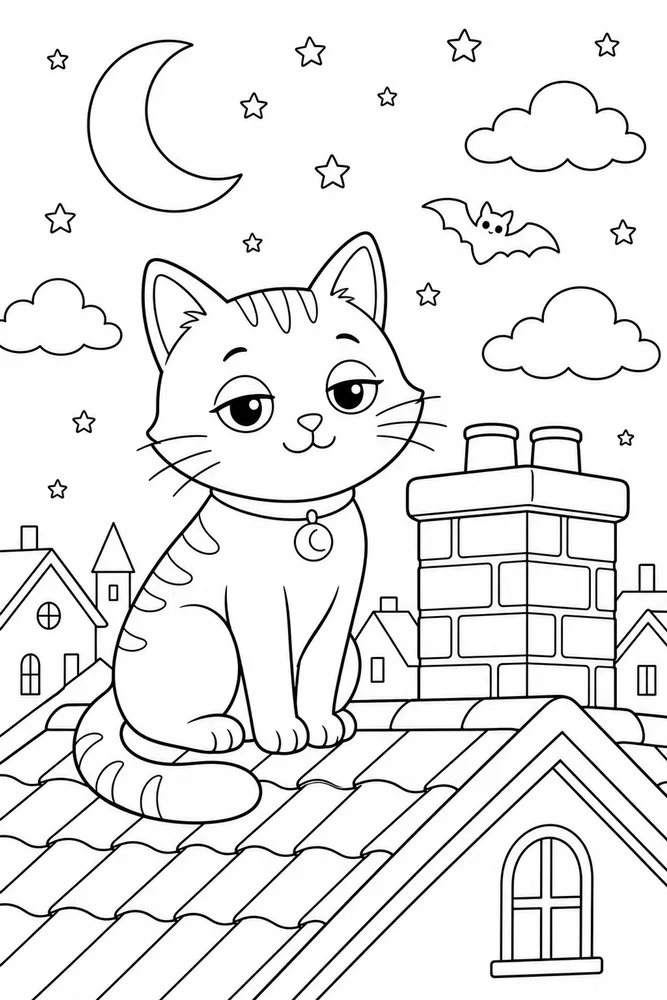 Night Cat Rooftop Chimney printable coloring page for kids