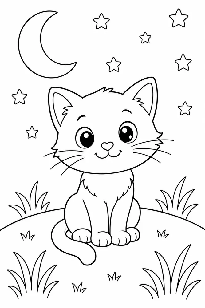 Night Cat Silhouette Hill printable coloring page for kids
