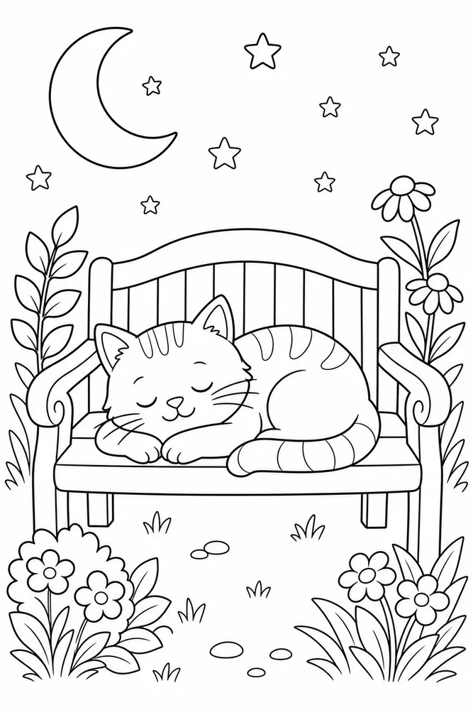 Night Cat Sleepy Garden Bench printable coloring page for kids