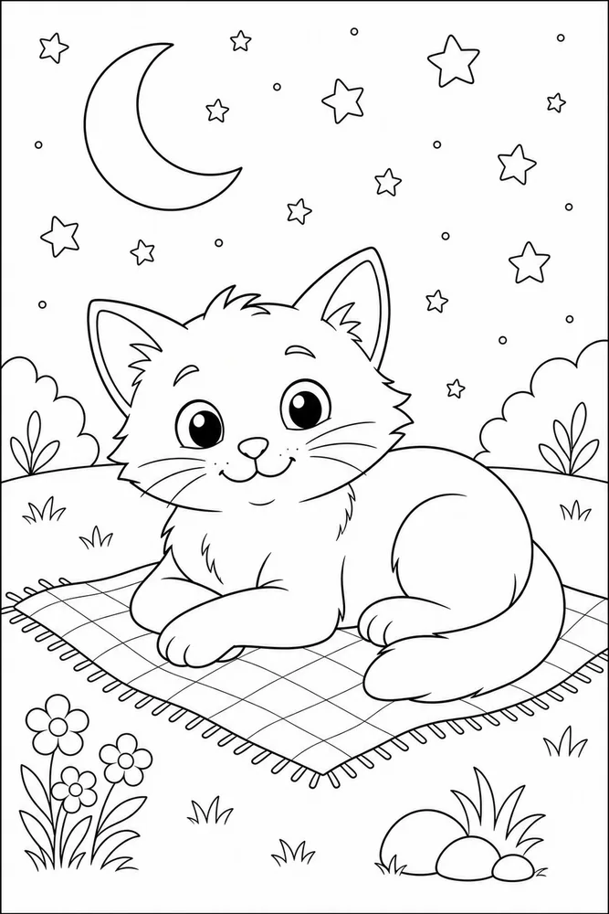 Night Cat Stargazing Blanket printable coloring page for kids