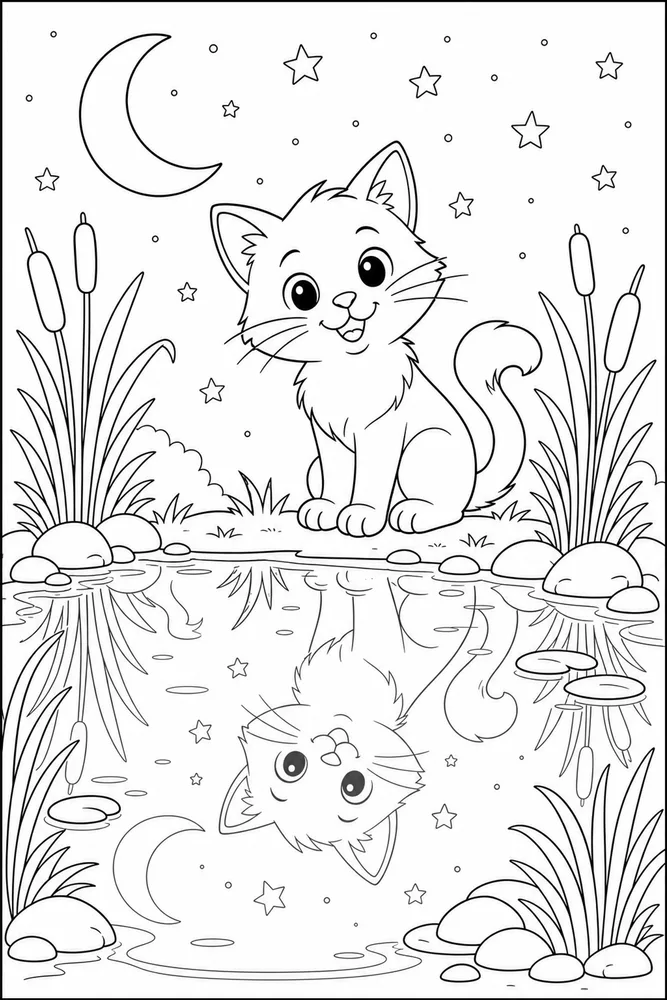 Night Cat Starry Pond printable coloring page for kids