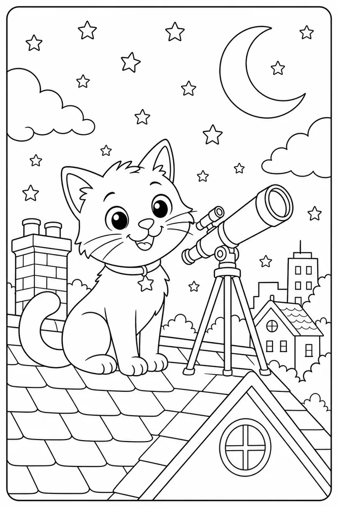 Night Cat Telescope Rooftop printable coloring page for kids
