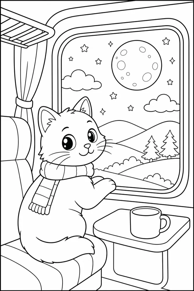 Night Cat Train Window printable coloring page for kids