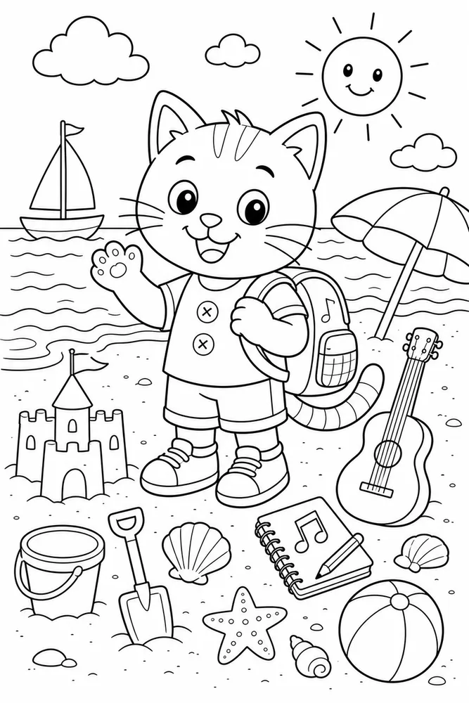 Pete Cat Blue Cat At Beach printable coloring page
