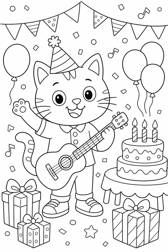 Pete Cat Blue Cat Birthday Scene printable coloring page