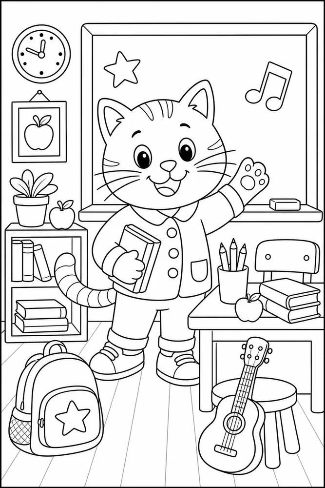 Pete Cat Blue Cat Classroom Scene printable coloring page