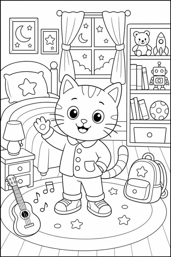 Pete Cat Blue Cat Cozy Bedroom printable coloring page