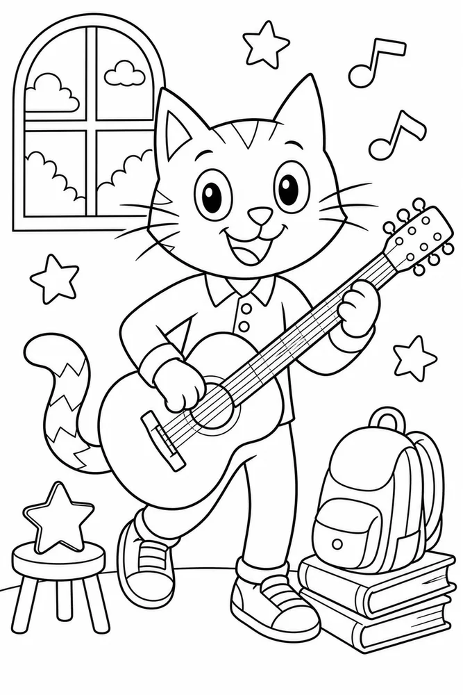 Pete Cat Blue Cat Guitar Pose printable coloring page