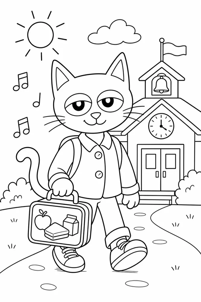 Pete Cat Blue Cat Holding Lunchbox printable coloring page