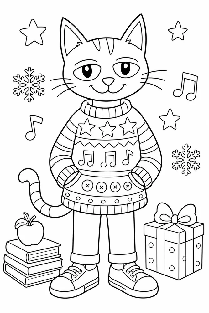 Pete Cat Blue Cat Holiday Sweater printable coloring page