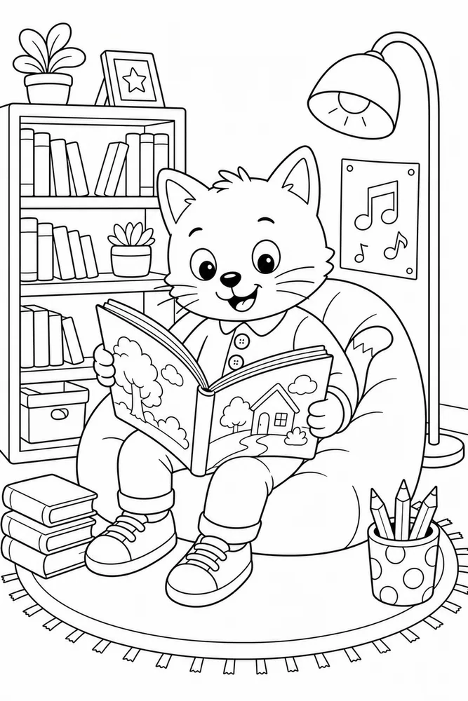 Pete Cat Blue Cat Reading Corner printable coloring page