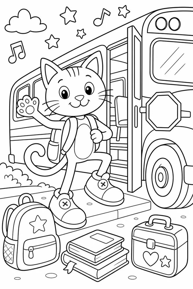 Pete Cat Blue Cat School Bus Scene printable coloring page