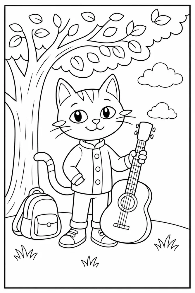 Pete Cat Blue Cat Under Tree printable coloring page
