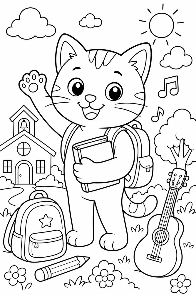 Pete Cat Blue Cat With Backpack printable coloring page