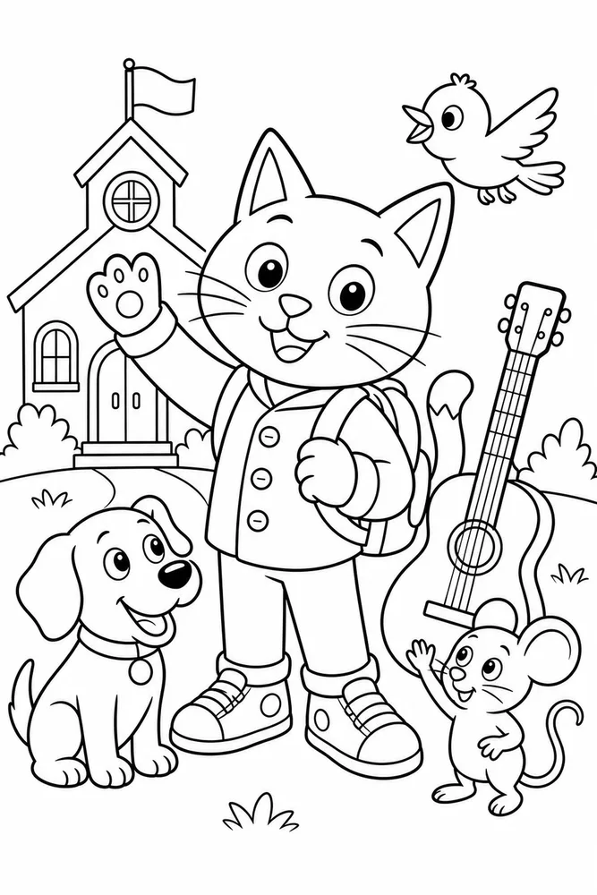 Pete Cat Blue Cat With Friends Silhouettes printable coloring page