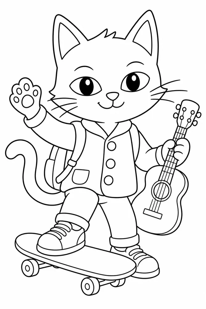 Pete Cat Blue Cat With Skateboard printable coloring page