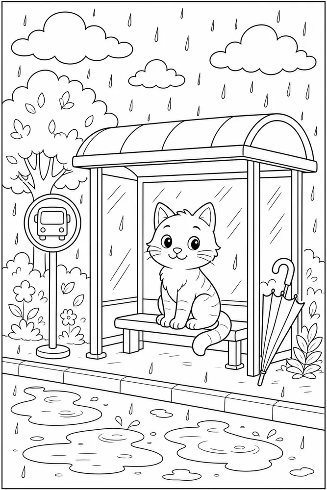 Rainy Day Cat Bus Stop printable coloring page for kids