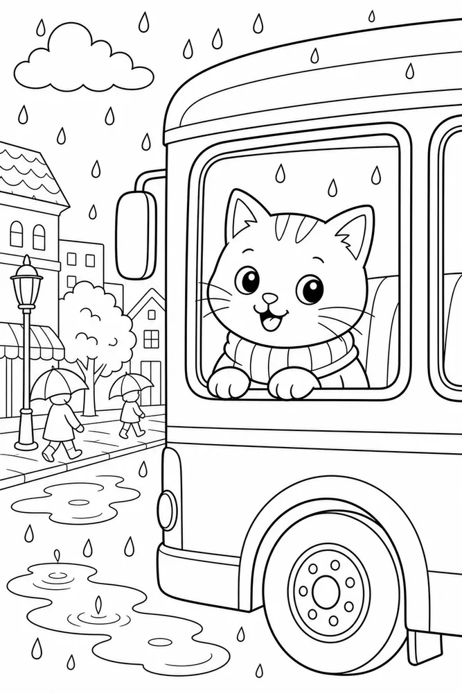 Rainy Day Cat Bus Window printable coloring page for kids