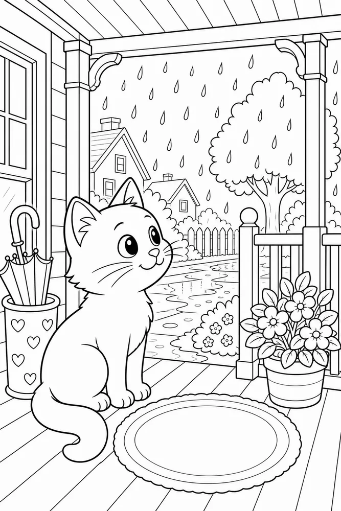 Rainy Day Cat Covered Porch printable coloring page for kids