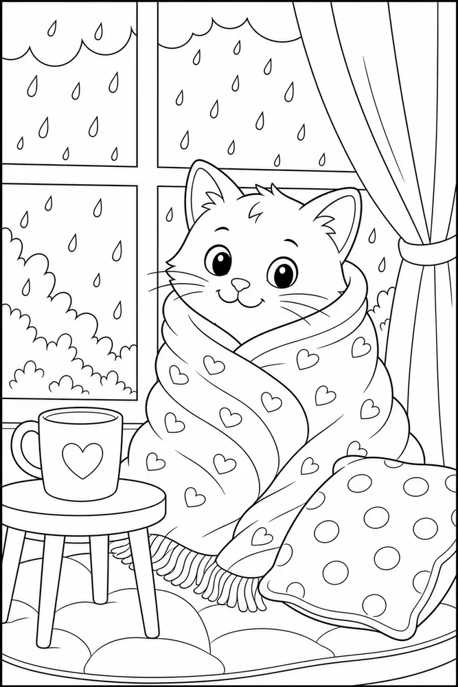 Rainy Day Cat Cozy Blanket Rain printable coloring page for kids
