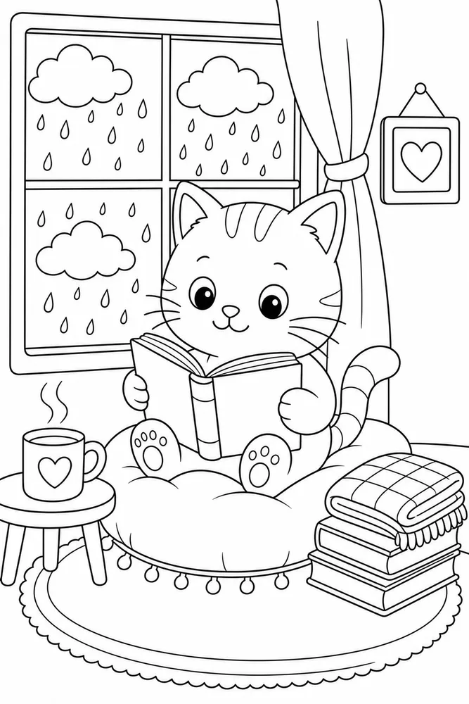 Rainy Day Cat Cozy Reading printable coloring page for kids