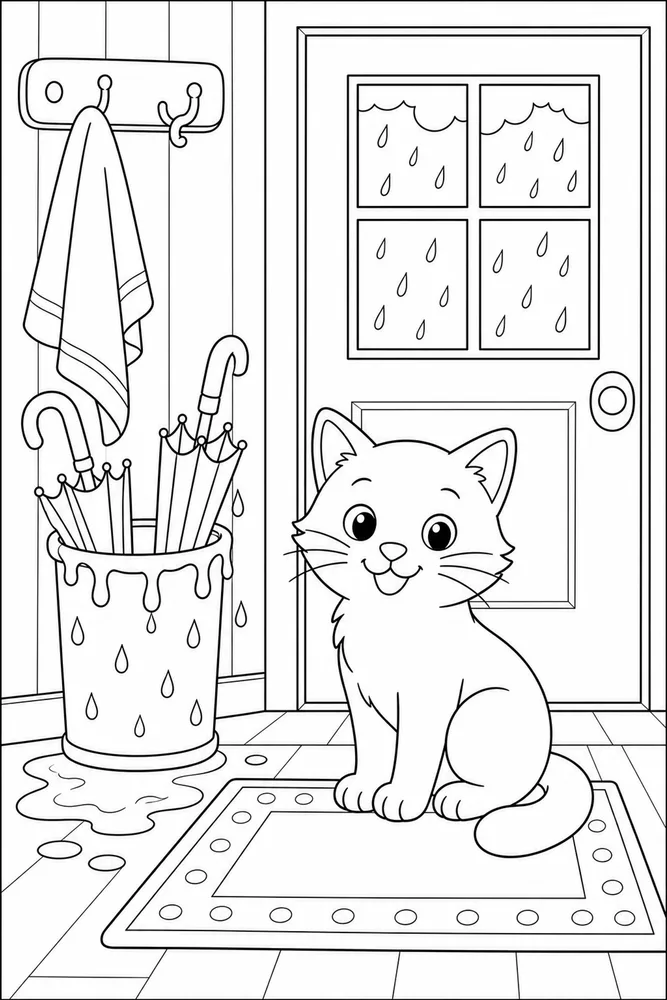 Rainy Day Cat Drip Umbrella printable coloring page for kids