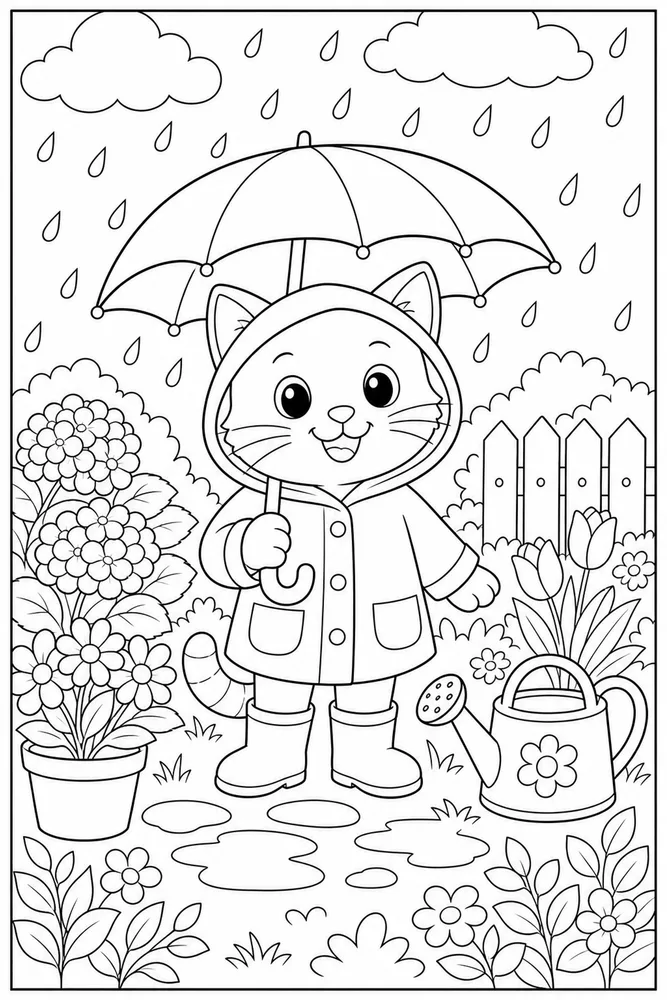 Rainy Day Cat Garden Rain printable coloring page for kids