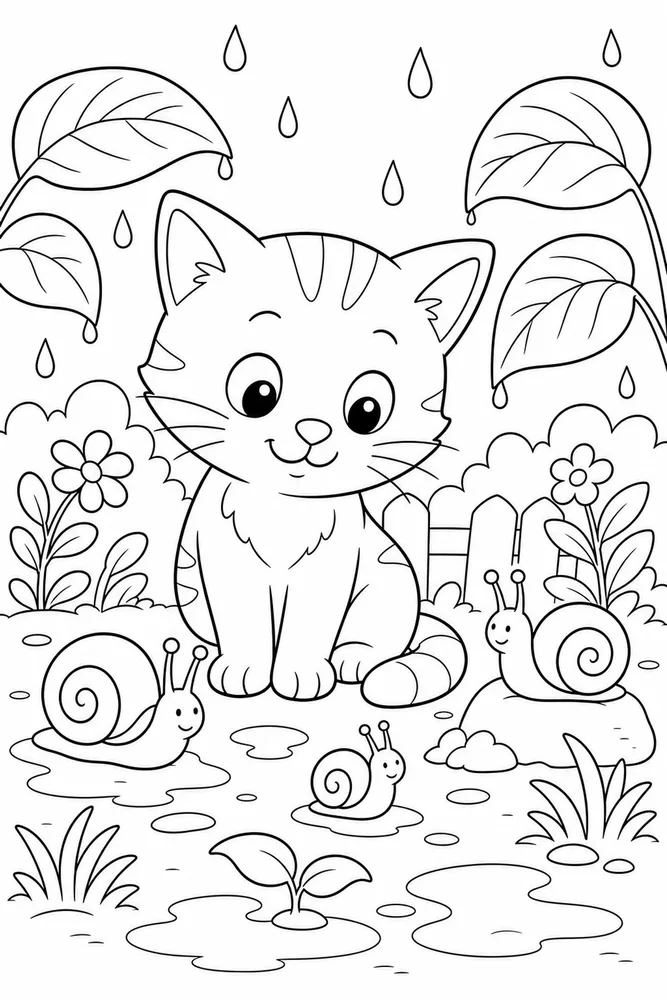 Rainy Day Cat Garden Snails printable coloring page for kids
