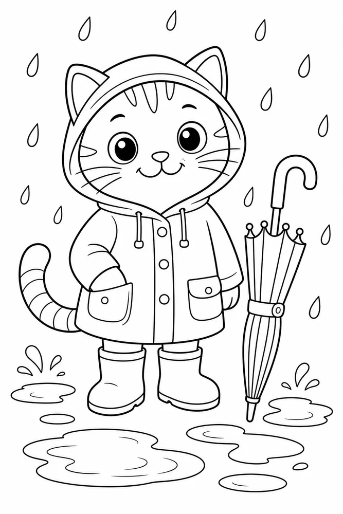 Rainy Day Cat Hooded Coat printable coloring page for kids