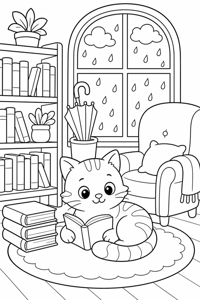Rainy Day Cat Library printable coloring page for kids