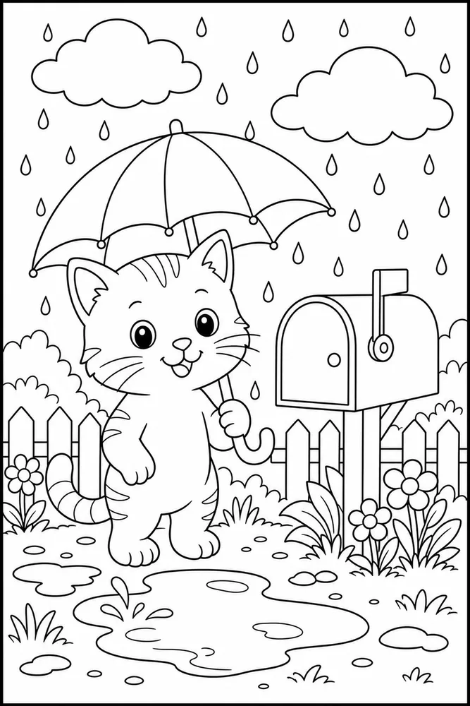 Rainy Day Cat Mailbox Rain printable coloring page for kids