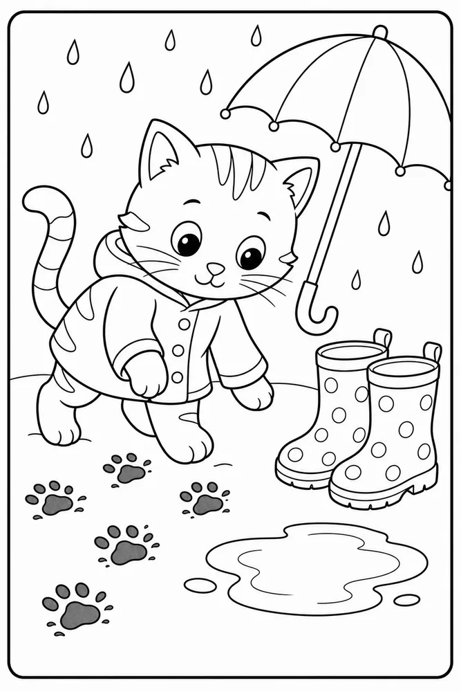 Rainy Day Cat Muddy Paws printable coloring page for kids