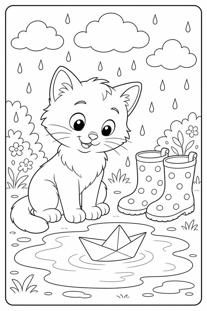 Rainy Day Cat Paper Boat Puddle printable coloring page for kids