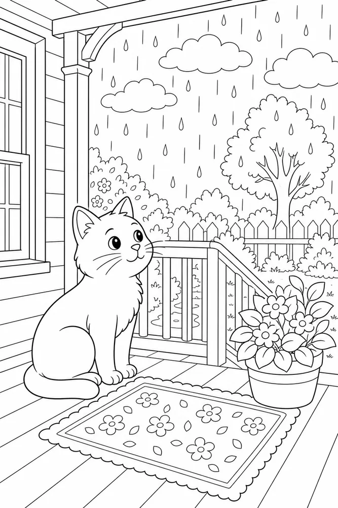 Rainy Day Cat Porch Rain printable coloring page for kids
