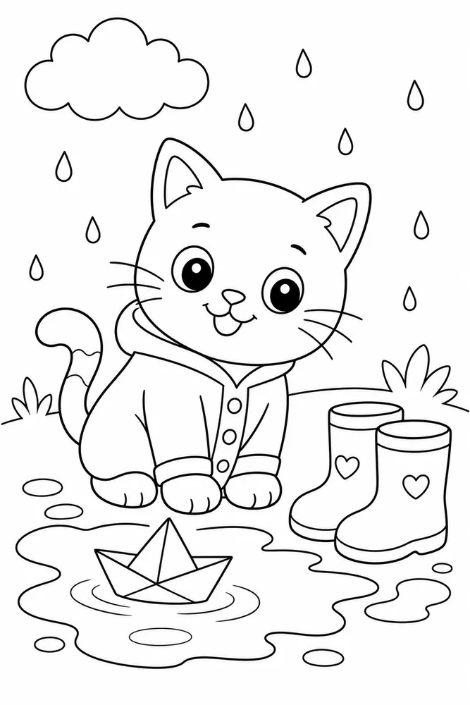 Rainy Day Cat Puddle Boat printable coloring page for kids