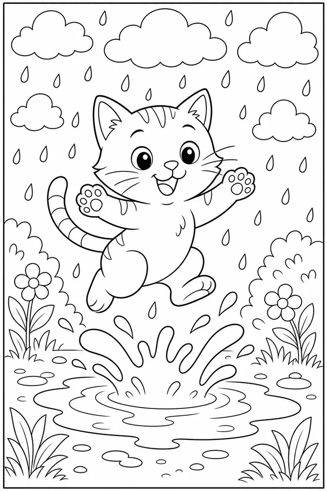 Rainy Day Cat Puddle Splash printable coloring page for kids