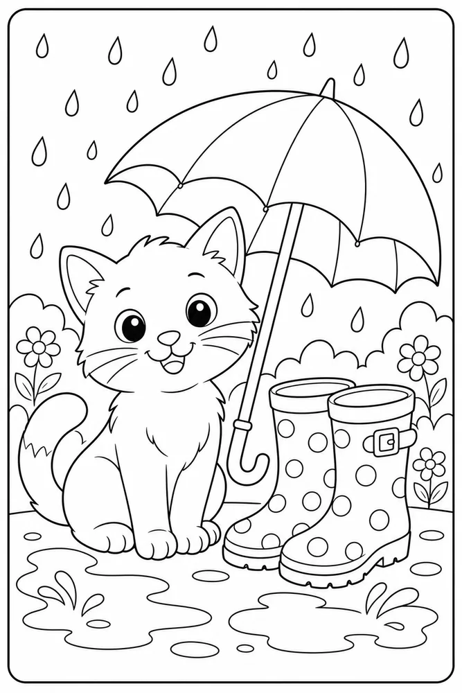 Rainy Day Cat Rain Boots printable coloring page for kids