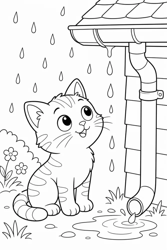 Rainy Day Cat Rain Gutter Watch printable coloring page for kids